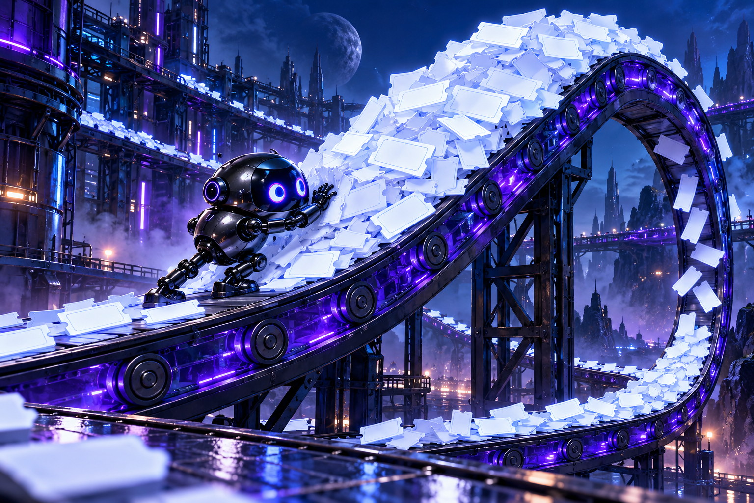 A small robot pushing an impossible mountain of task tickets uphill